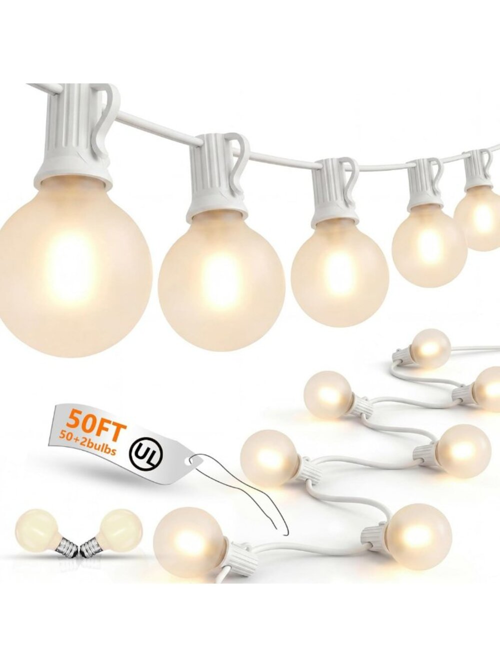 50Ft Outdoor LED String Lights, 52 Frosted Globe Bulbs, Waterproof for Garden